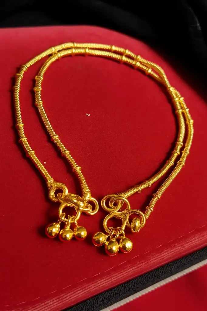 Traditional Gold Anklet with Layered Chains and Dangling Bead Charms