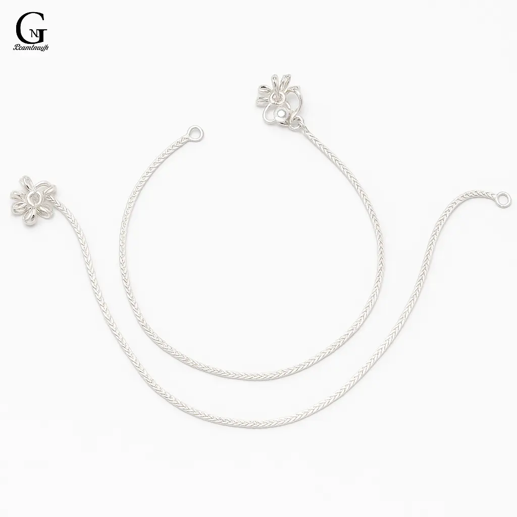 Elegant Silver Anklet with Floral Motif and Braided Chain Detailing