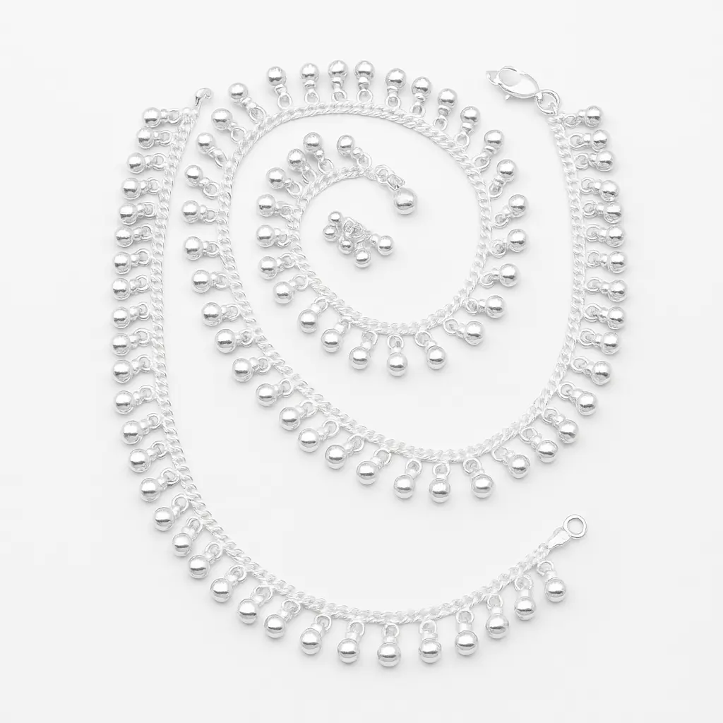 Divisjewel Antique Silver Anklet with Dual Bells and Beaded Accents 