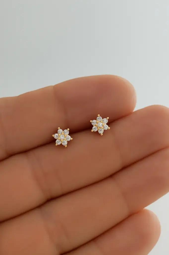 Diamond Floral Stud Earrings with Gold-Colour Finish Elegance 