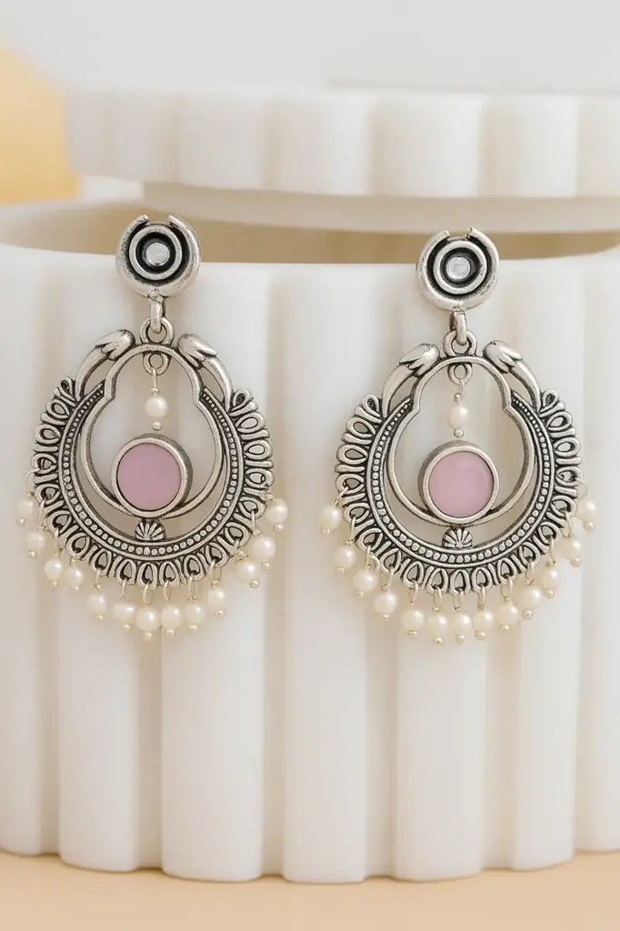 Silver Earrings with Pink Stone and Pearl Accents