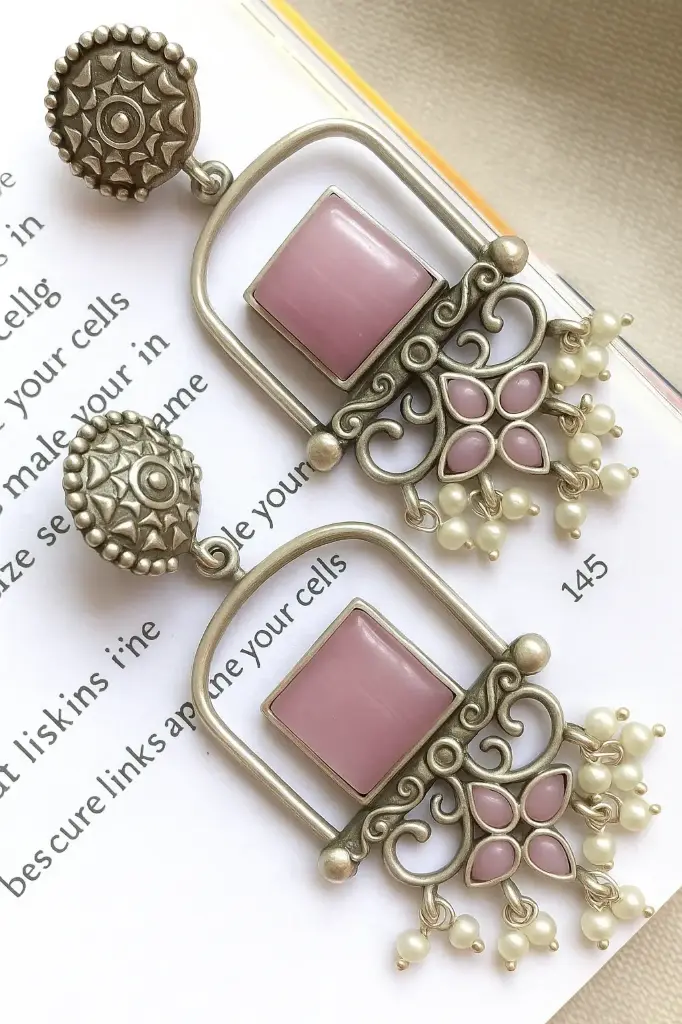 Pink Stone Earrings with Floral Design and Pearl Drops  