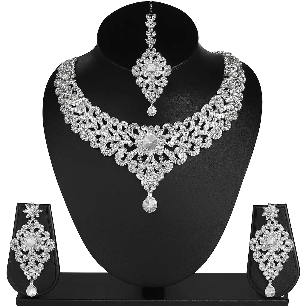 Bridal Necklace Set with Earrings and Tikka Embellishment 