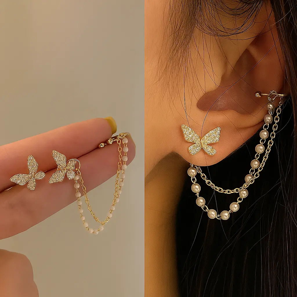 Butterfly Pearl Chain Earrings with Sparkling Stone Detail 