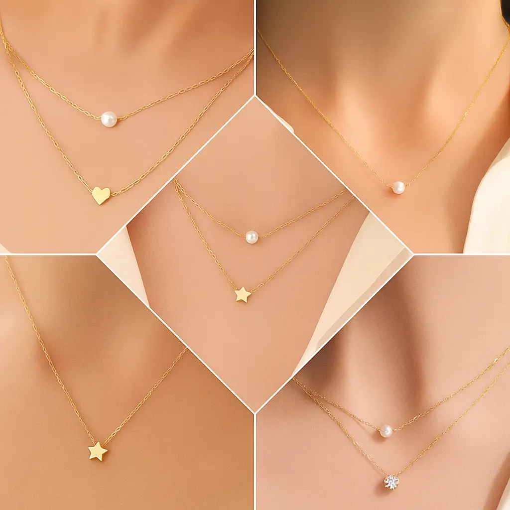 Pendant Layered Necklace Set with Pearls, Hearts, and Stars - Set of 5