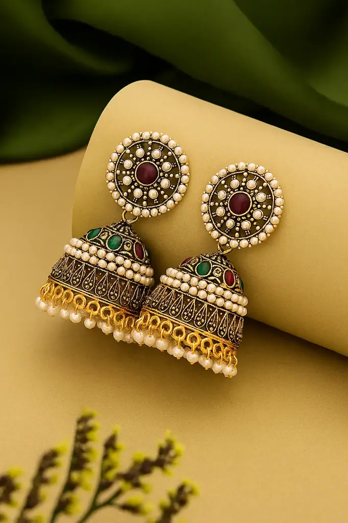 Gold Jhumka Earrings with Red and Green Stone Accents 
