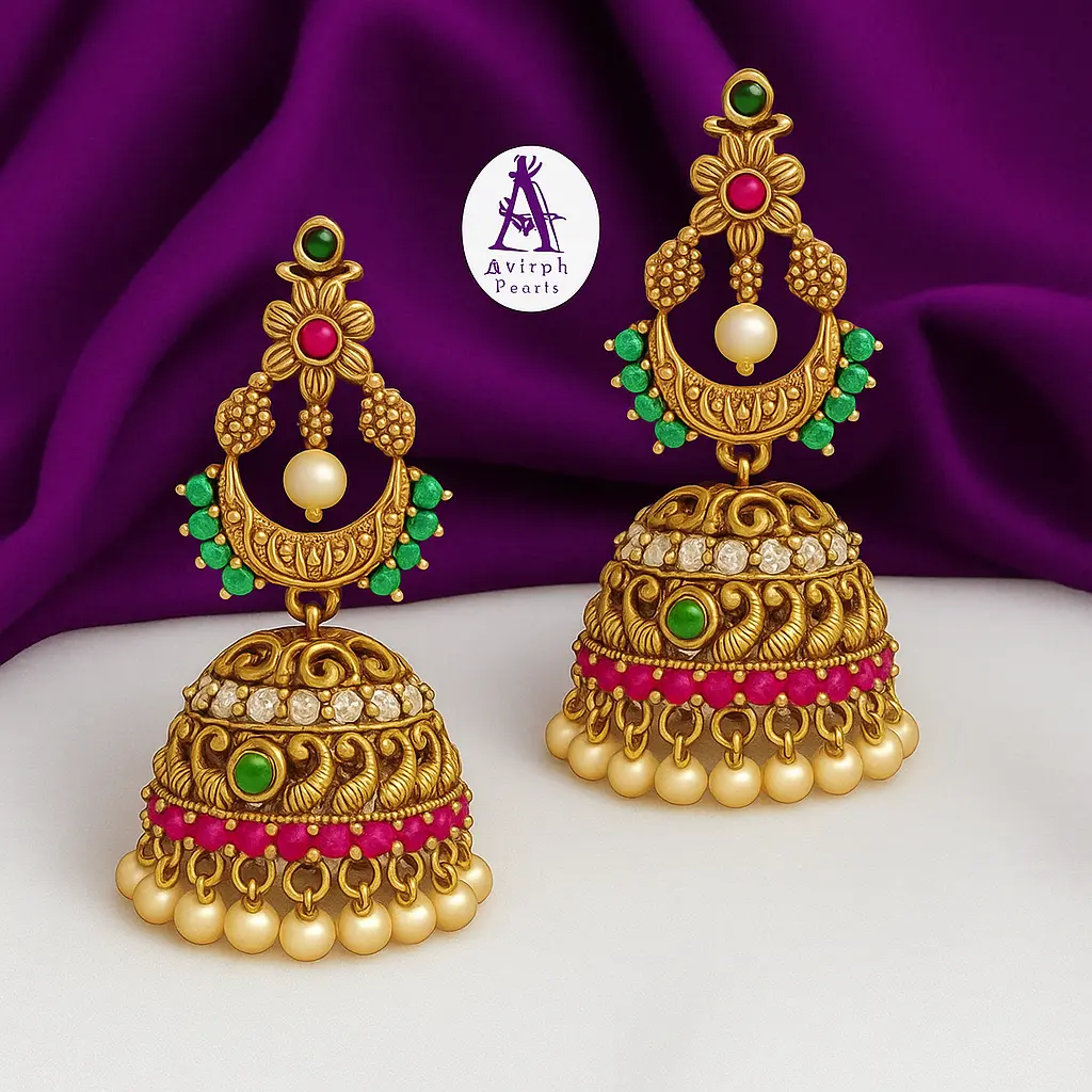 Divisjewel Antique Jhumka Earrings with Green Stones and Beaded Fringe 