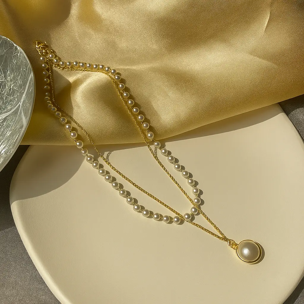 Twin-Strand Pearl Necklace with Gold Chain and Solitaire Pendant