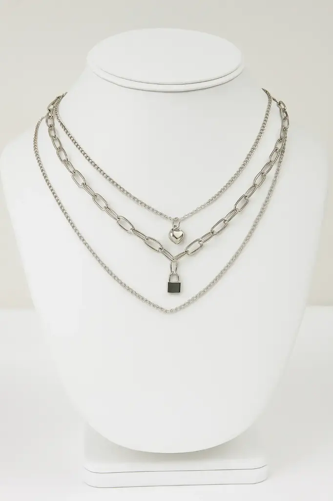 Layered Silver Necklace Set with Heart and Padlock Charms