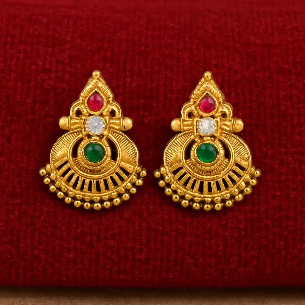 Tricolor Stud Earrings with Red, White, and Green Gemstones 
