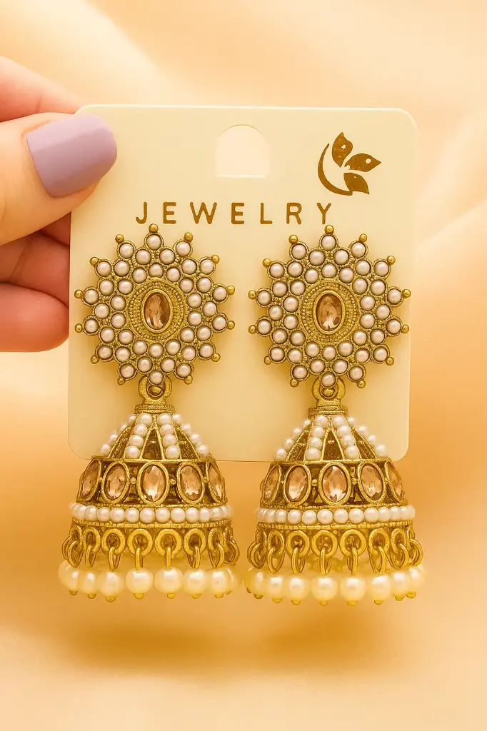 Kundan Jhumka Earrings with Pearl Fringe and Green Stones
