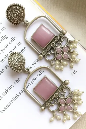 [PRD0025] Pink Stone Earrings with Floral Design and Pearl Drops  