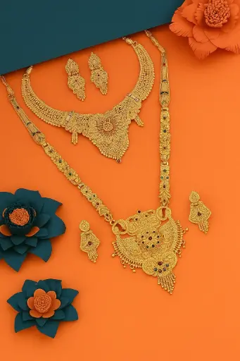 [PRD0028] Divisjewel Traditional Gold Necklace Set with Floral Motifs and Earrings