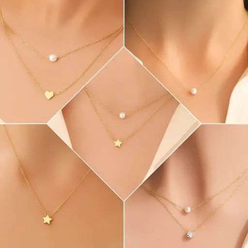[PRD00037] Pendant Layered Necklace Set with Pearls, Hearts, and Stars - Set of 5