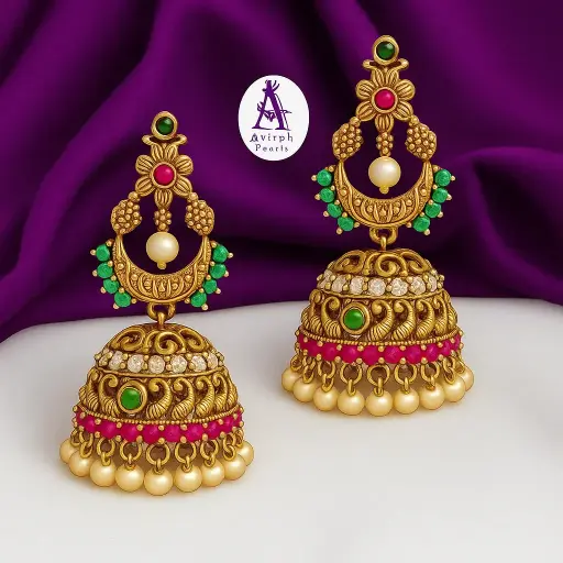 [PRD0042] Divisjewel Antique Jhumka Earrings with Green Stones and Beaded Fringe 