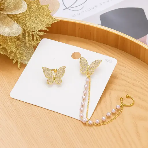 [PRD0043] Dual Butterfly Stud and Chain Earring with Pearl Detail 