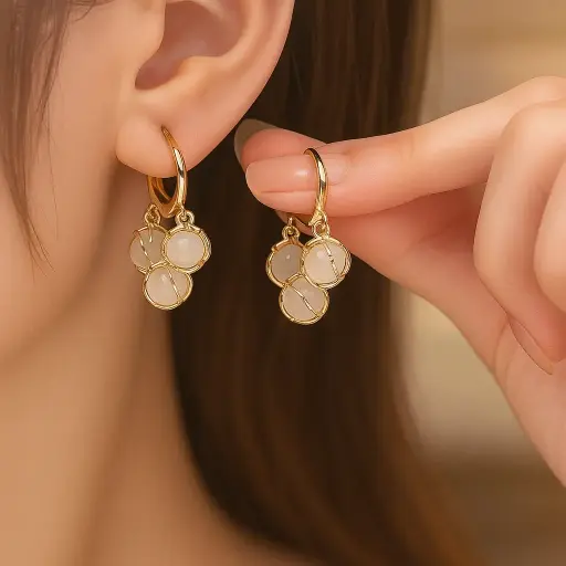 [PRD0044] Trio Stone Gold Hoop Earrings with Elegant Wire Wrap