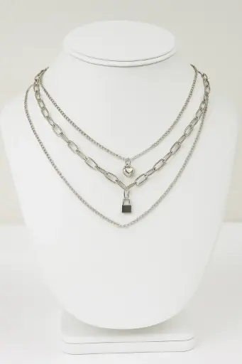 [PRD0049] Layered Silver Necklace Set with Heart and Padlock Charms